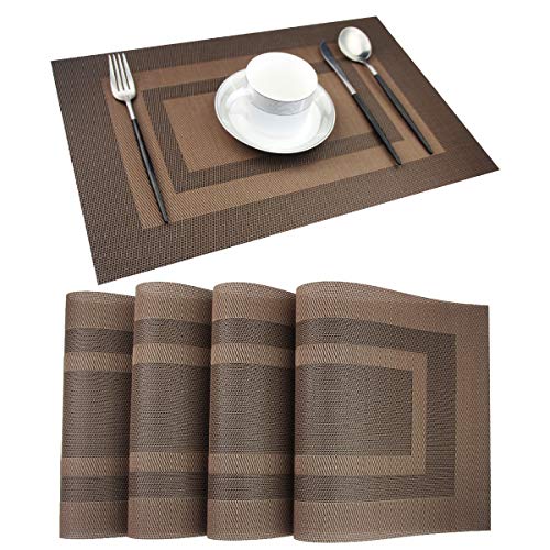 PIGCHCY Durable Plastic Placemats - Heat Resistant, Washable Woven Table Mats - Set of 4 (Coffee Brown) - color: Box: Brown Coffee, size: 4 Placemats