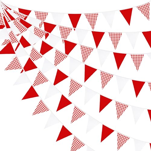 32Ft Red Party Decorations Red Plaid Checkered White Triangle Flag Gingham Pennant Bunting Fabric Garland for Christmas Wedding Birthday Carnival Picnic X-mas Outdoor Home Party Festivals Decoration - color: Red Checkered