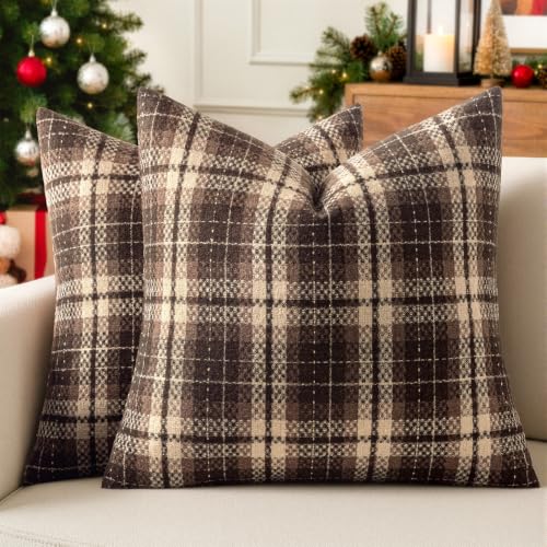 MIULEE Tartan Plaid Throw Pillow Covers Fall 20x20 Inch Coffee Brown - color: Coffee, size: 20" x 20" (Pack of 2)