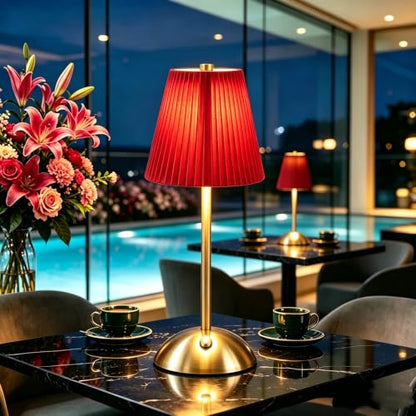 Gold Cordless LED Table Lamps, Red Fabric Shade Desk Lamps（Red - color: Red