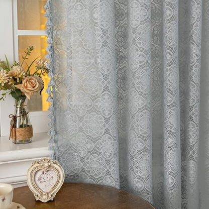 Sheer Boho Lace Curtains 84 Inches Long, Stone Blue, Set of 2 Panels - color: Stone Blue, size: 59"W x 84"L (Pack of 2)