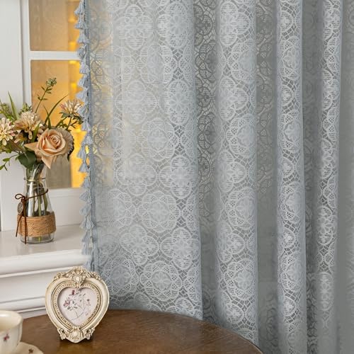 Sheer Boho Lace Curtains 84 Inches Long, Stone Blue, Set of 2 Panels - color: Stone Blue, size: 59"W x 84"L (Pack of 2)