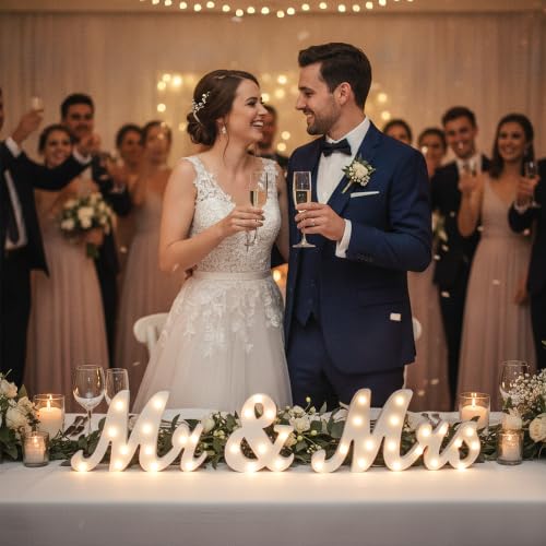 31in Light Up Mr & Mrs Sign White Wooden Letters Wedding Table Decor - color: Warm White