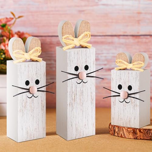 BBTO 3 Pcs Easter Table Decor Bunny Wooden Tiered Tray Decor Rabbit Tabletop Decoration Block Sign Table Centerpiece for Spring Home Decoration Home Shelf Office Kitchen Desk Party Supply(Rabbit) - style: Rabbit