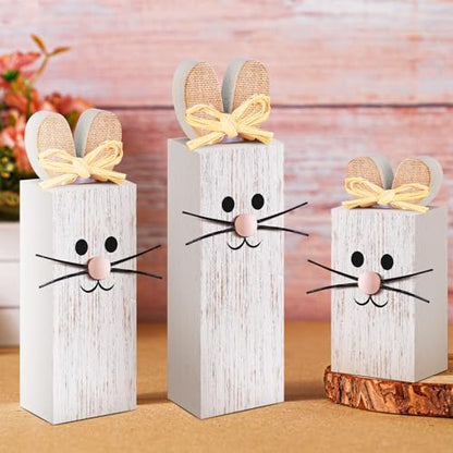 BBTO 3 Pcs Easter Table Decor Bunny Wooden Tiered Tray Decor Rabbit Tabletop Decoration Block Sign Table Centerpiece for Spring Home Decoration Home Shelf Office Kitchen Desk Party Supply(Rabbit) - style: Rabbit