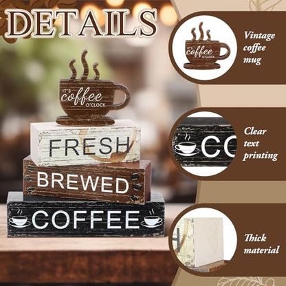 Geelin 4 Pcs Coffee Bar Decor Wooden Table Coffee Signs Blocks - style: Coffee