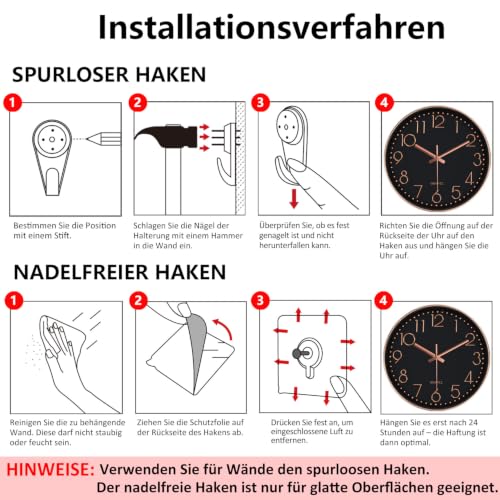 Modern Silent Wall Clock - 12 Inch Wall Clocks Battery Operated Large Number, Non-Ticking Analog Clock with Tempered Glass Quartz Clocks for Living Room Bedroom Office Kitchen, Black Rose Gold - color: Black Rose Gold, size: 12 Inch