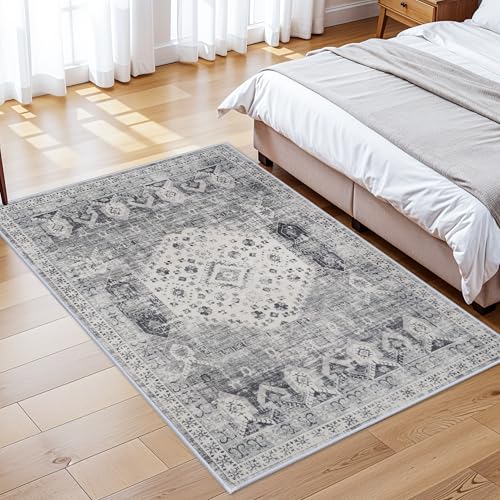 RUUGME 4x6 Washable Area Rug - Vintage Living Room Bedroom Carpet with Non Slip Backing Low Pile Stain Resistant Nursery Laundry Rugs Durable Boho Home Decor Floor Mat for Bathroom (Grey,4x6 - color: Grey, size: 4' x 6' (Rectangular)