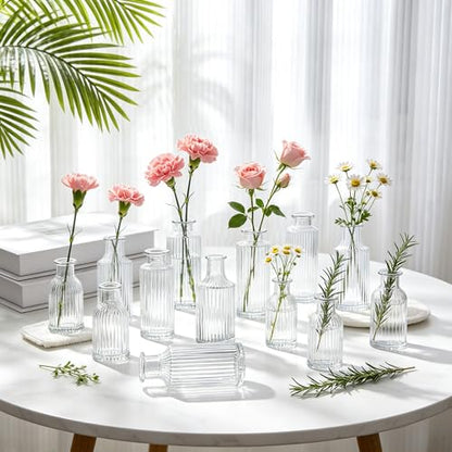 Mini Ribbed Glass Bud Vases Set of 12, Small Fluted Glass Flower Vases for Wedding Reception Centerpieces, Tabletop Decorations, Modern Home Decor