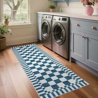 Garvee 2x6 Checkered Kitchen Rugs Washable Rugs for Hallway - color: Modern Plaid - Blue, size: 2' x 6' (Runner)