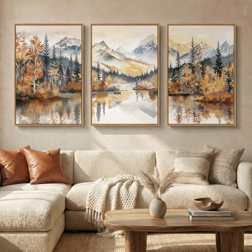 Framed Mountain Forest Landscape Wall Art for Living Room, 3 Piece, 24x36 - color: Brown Blue White, size: 24" W x 36" H x 3Pcs