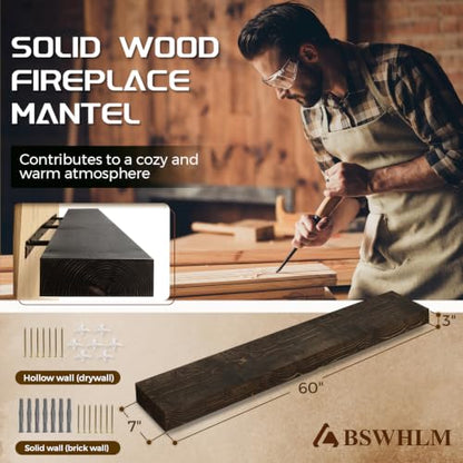 60x7x3in Solid Pine Wood Fireplace Mantel, Weathered Black - color: Weathered Black, size: 60x3x7-solid