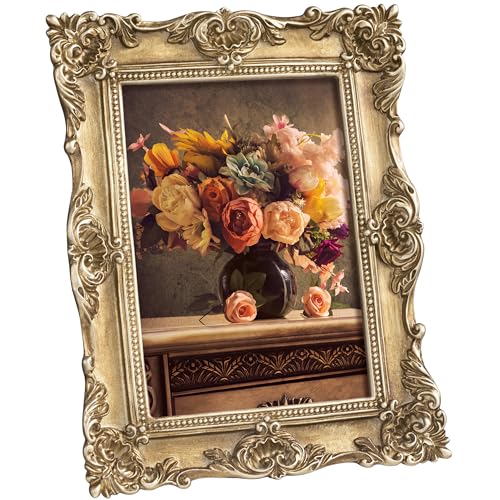 eletecpro 5x7 Vintage Picture Frame with Real Glass Cover, Gold, 1-Pack | Tabletop or Wall Decor, Horizontal and Vertical Display, Carved Resin Frame & Velvet Backing, Easy Photo Changing - color: Gold, size: 5x7