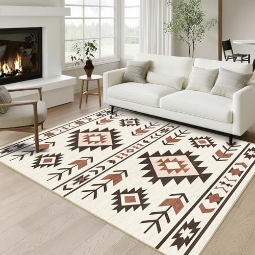 Western Area Rug 4x6 for Living Room, Southwestern Aztec Tribal Area Rugs Southwest Navajo Machine Washable Rug Non-Slip Printed Low-Pile Floor Carpet for Bedroom Dining Room Office, Brown - color: Western, size: 4'x6'