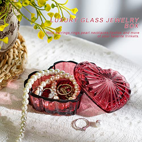 Crystal Heart-Shaped Jewelry Box, Decorative Glass Trinket Box with Lid - color: Burgundy