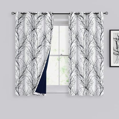 FMFUNCTEX 100% Blackout Black Grey Tree Branch Curtains 54 Inch 2 Panels - color: Grommet | Black, size: 52"W x 54"L (Pack of 2)