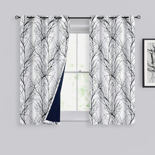 FMFUNCTEX 100% Blackout Black Grey Tree Branch Curtains 54 Inch 2 Panels - color: Grommet | Black, size: 52"W x 54"L (Pack of 2)