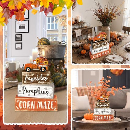 4 Pcs Fall Decor for Home Truck Pumpkin Wooden Signs with Sunflower - style: Truck