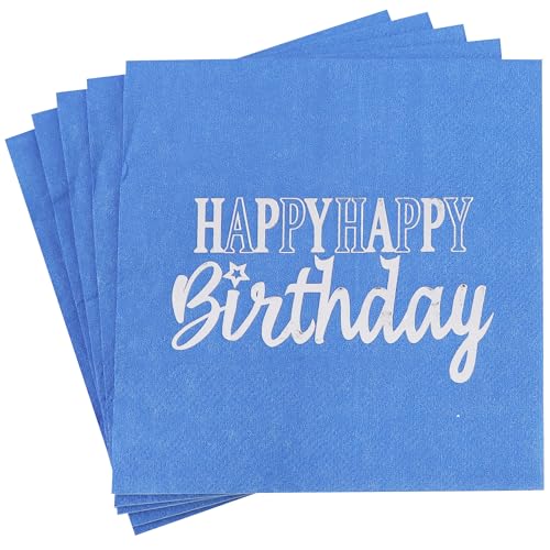 Vuzvuv 52 Pack Funny Happy Happy Birthday Cocktail Napkins with Silver Stamping - Birthday Party Dinner Hand Napkin for Party Supplies Decorations Table Decor for women man(5" Folded 3 Ply-Blue) - color: Happy HBD Blue