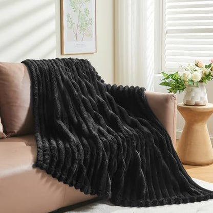 NEWCOSPLAY Fleece Ribbed Cozy Throw Blanket for Couch, Black, 50"x60" - color: Black Ribbed, size: Throw(50"x60")