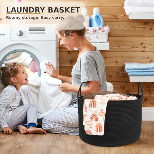 XUANGUO 66L Large Blanket Basket, Round Cotton Rope Basket, Black - color: black