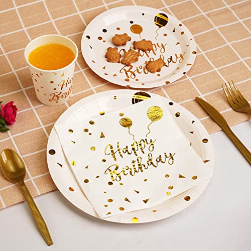 200 pieces of white and gold birthday party supplies, disposable happy birthday tableware set, gold plastic knives, forks, spoons, straws. Birthday themed tray, cup,25Guests（white） - color: White