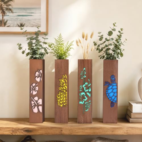 4 Sets Wood Wall Vase Planter for Home Decor Living Room Bedroom Bathroom Wooden Hanging Planters Vases Wall-Mounted Rustic Farmhouse Decorative Holders Mount - Brown - 11.81in