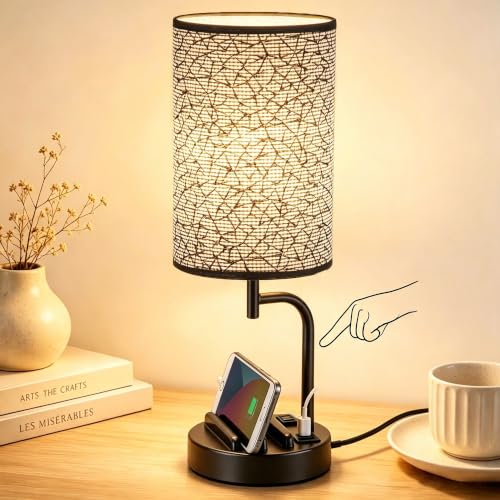 Dreamholder Touch Control USB Table Lamp with USB C/A & AC Outlet, 3-Way Dimmable Bedside Lamp, Modern Nightstand Lamps for Bedroom Living Room Guest Room Office, Bulb Included, Miracle Black - color: Miracle Black