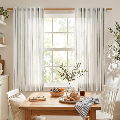 Vangao Striped Curtains Green on White Semi Sheer Curtains 63 Inches Long - color: Shadow Striped| Olive Green on Off White, size: 50"W x 63"L (Pack of 2)