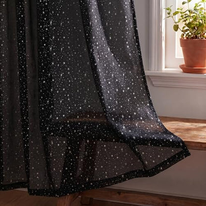 Horaldaily 2Pcs Black Sheer Curtains 52x63in, Silver Sequin Star, Halloween - color: Black and Sliver, size: 52"W x 63"L (Pack of 2)