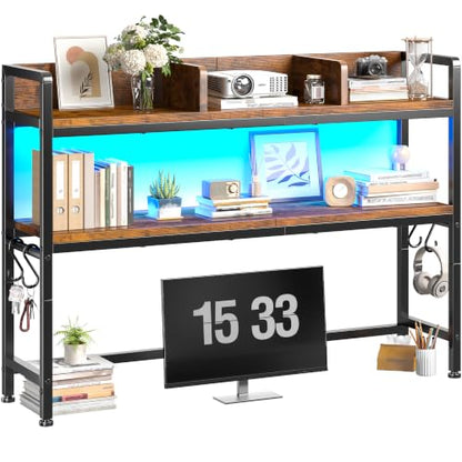 REIBII 2-Tier Desk Shelf, LED, Bedroom and Home Office, Rustic Brown - color: Rustic Brown, size: 7.8"D x 45.2"W x 38.7"H