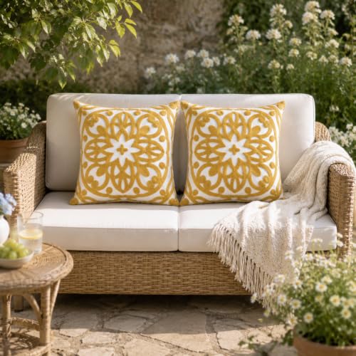 Alysheer Boho Embroidered Throw Pillow Cover 18"x18", 2pcs Mustard Yellow - color: Gold, size: 18" x 18" (Pack of 2)