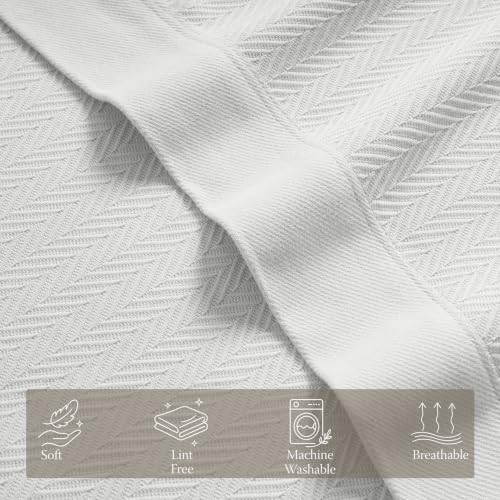 Threadmill Luxury 100% Cotton Queen Herringbone Blanket, Tusk White - color: Tusk White, size: Queen (90" x 92")