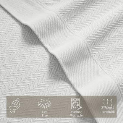 Threadmill Luxury 100% Cotton Queen Herringbone Blanket, Tusk White - color: Tusk White, size: Queen (90" x 92")