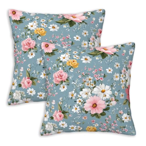 Dusty Blue Pink Floral Throw Pillow Covers 18x18 Set of 2, Daisy Rose Decorative Cushion Covers, Cottage Garden Pillow Cases for Couch Sofa Bedroom Living Room Decor - color: Vintage Floral