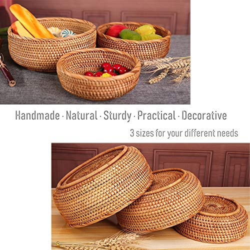 3 Pack Hadewoven Round Rattan Fruit Basket Wicker Food Tray Weaving Storage Holder Dinning Room Bowl, 10 Inch Small Wicker Basket Serving Tray Woven Basket for Bread,Snack,Brown(3-Size Kit) - size: 3-Size Kit (Includes 10")