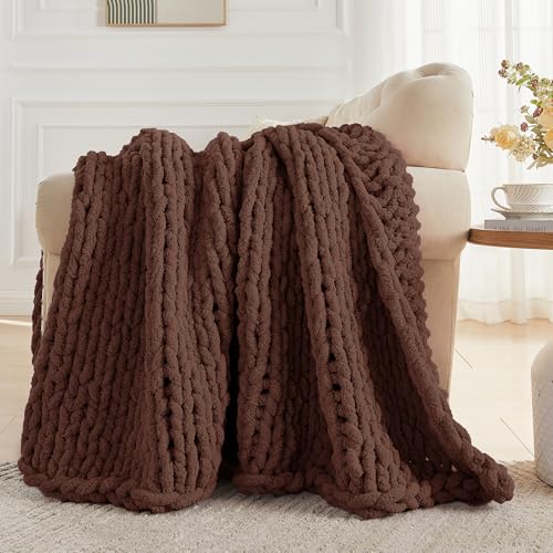 Carriediosa Chunky Knit Throw Blanket 60 x 80, 100% Hand Made, Cocoa Brown - color: Cocoa Brown, size: 60" X 80"