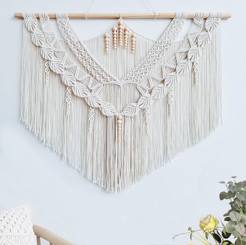 Achart Macrame Wall Hanging Large- Boho Wall Decor- large wall art- Wall Decor Living Room- Macrame Tapestry Boho Decor for Bedroom (Leaf &Wood Bead) - color: Leaf &Wood Bead
