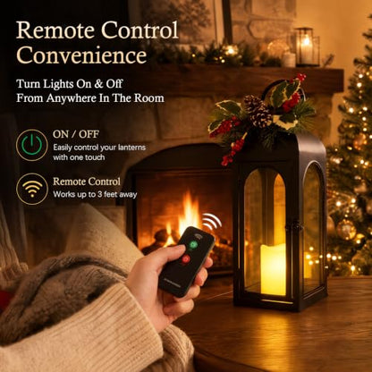 Bdor 16 Inch Black Metal Christmas Lantern with Remote LED Candle and Timer