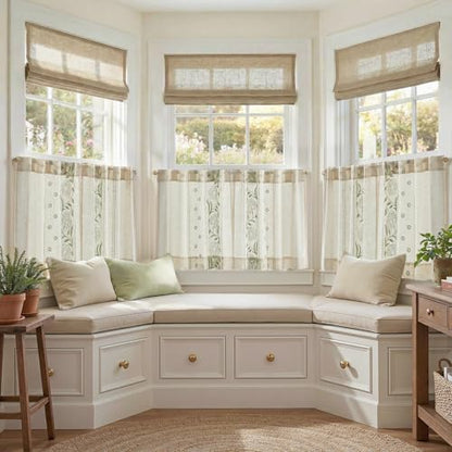 jinchan Green Floral Linen Kitchen Tier Curtains 24 Inch Back Tab 2 Panels - color: *Sage, size: 26"W x 24"L (Pack of 2)