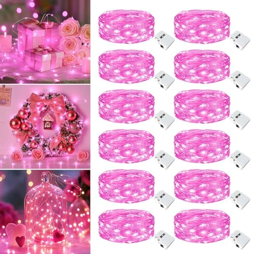 12 Pack Fairy Lights Battery Operated - 7ft 20 Led Twinkle Lights 3 Modes, Bulk Mini String Lights Waterproof for Mason Jars Vases DIY Party Wedding Decoration Valentines Day - Pink - color: Pink, size: 12 Pack