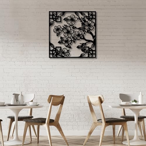 Metal Wall Decor | 17' x 17' x 0.05'' Cherry Blossom Asian Style Art Themed Wall Decorations | Handmade Indoor and Outdoor Wall Art (17'' x 17'', Cherry Blossom Asian Style, Black) - size: 17'' x 17'', style: Cherry Blossom Asian Style