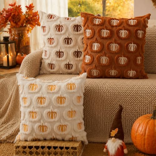 DFXSZ Fall Pillow Covers 18x18 Set of 2 Rust Pumpkins Embroidery Beige - color: Beige Rust Pumpkin, size: 18" x 18" (Pack of 2)