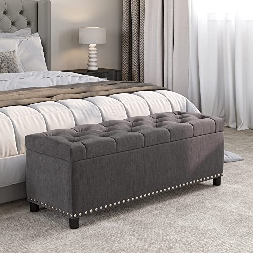 BELLEZE Storage Ottoman, Tufted Ottoman with Close Hinge, Foot Rest for Living Room (Dark Gray, 47 inch) - color: Dark Gray a