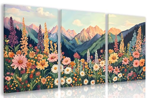 Hianan Wrapped Canvas Boho Moutain Wildflower Wall Art Set of 3, 12x16 in - color: Colourful, size: 16"L x 12"W