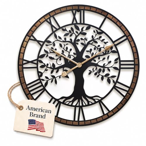 16 Inch Roman Numerals Tree Wall Clock for Living Room Decor,Wood Frame | Black Modern Decorative Silent Battery-Operated Metal & Wood Frame Tree Wall Clocks for Living Room,Office,Dining Room Decor - color: Black Roman, size: 16 inch