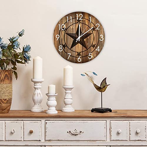 Round Wood Wall Clock Western Texas Star Silent Battery Operated Wooden Wall Clock Country Western Country Farmhouse Home Décor for Living Room House Kitchen - size: 10"x10"