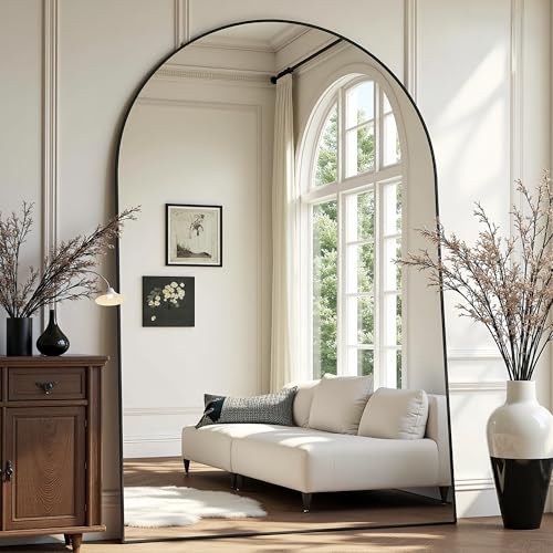 Prywot Full Length Mirror, Oversized 90"x46" Arched-Top Floor Mirror, Black - color: Black, size: 90"L x 46"W