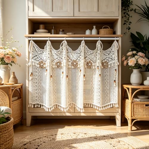 Boho Crochet Lace Sheer Curtain Valance for Window Kitchen Doorway Entryway - size: 55"W x 20"L (Pack of 1)