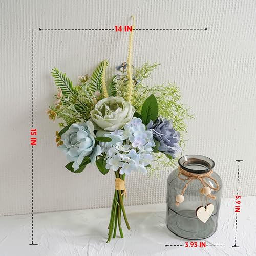 Fake Summer Flowers with Vase, Artificial Blue Dahlia & Rose Arrangement - color: Blue & Green